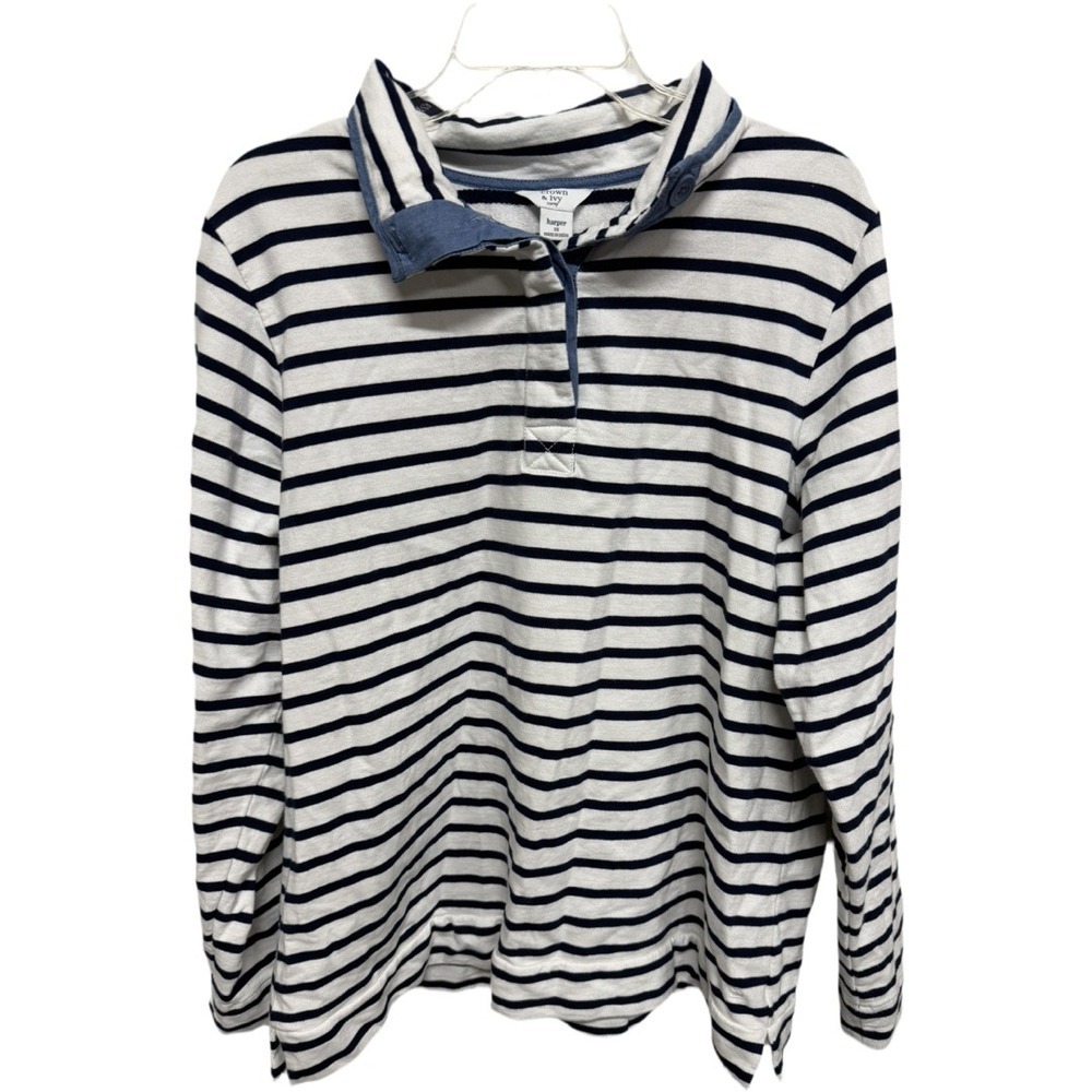 Crown & Ivy Curve Plus Size Harper Collared Striped Sweatshirt Size 1X Nautical